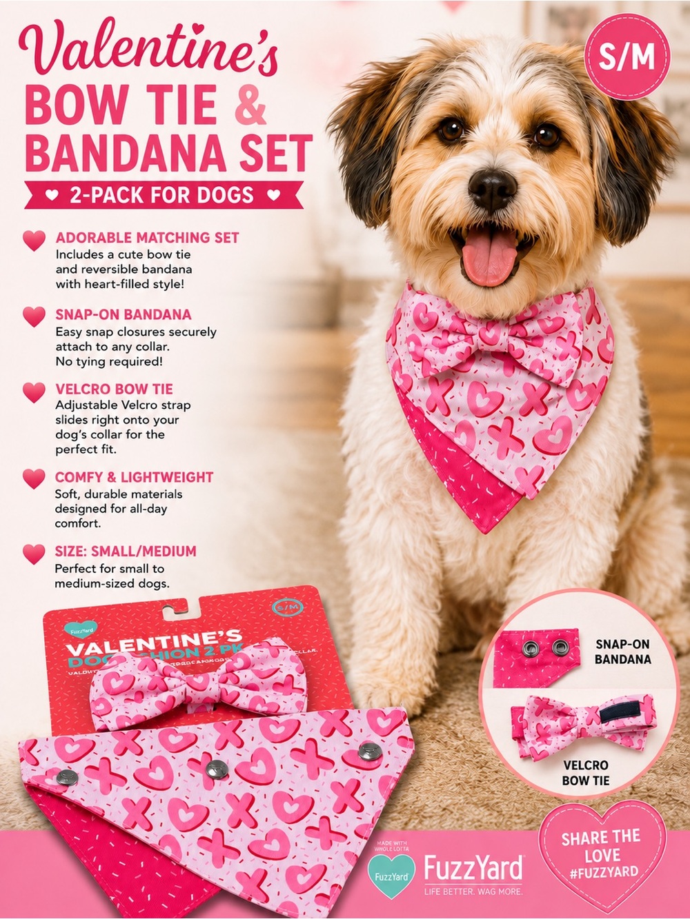 FuzzYard Valentine's Pink Heart Bow Tie & Bandana Set for Dogs